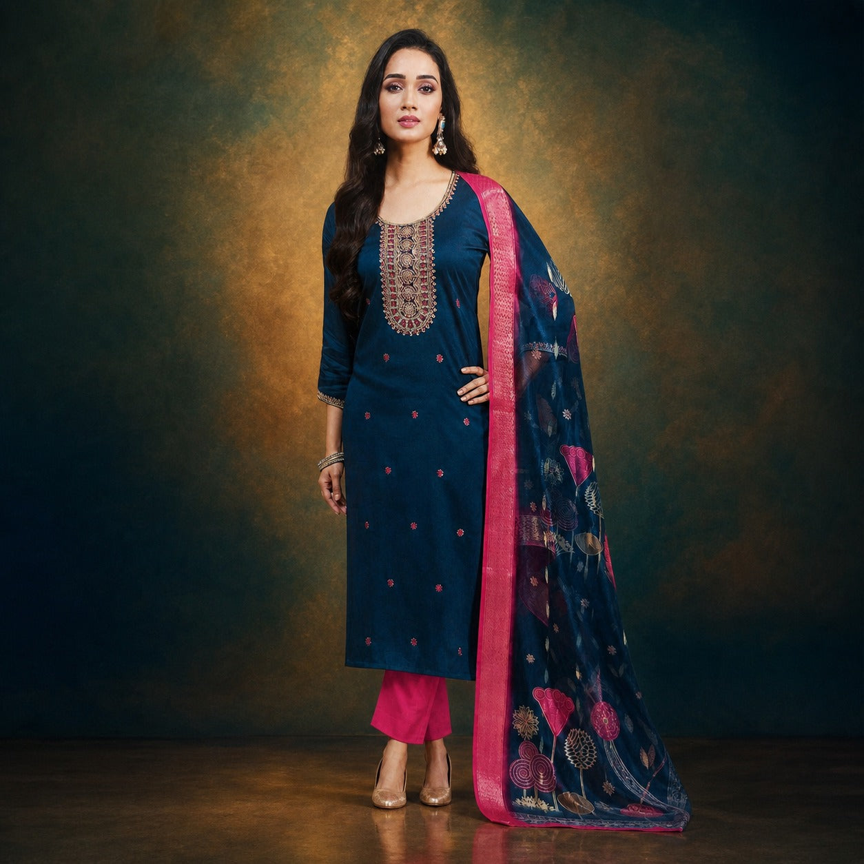 Elegant Navy Blue Embroidered Kurta Pant Dupatta Set | Women’s Designer Ethnic Wear