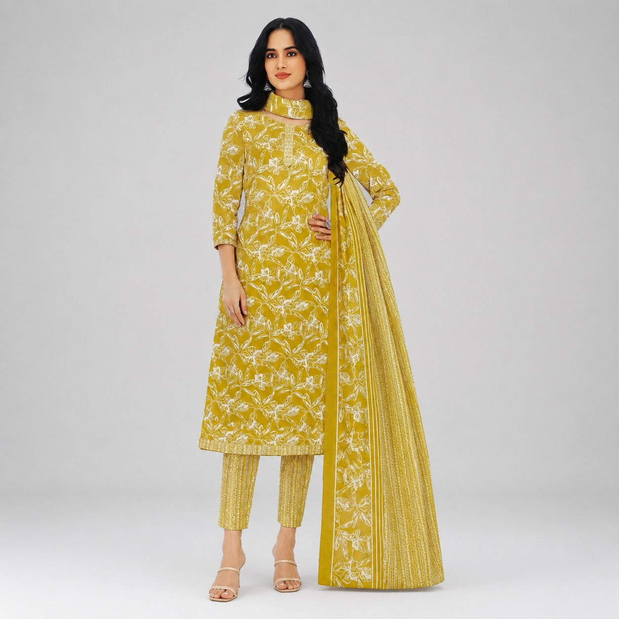 Elegant Mustard Floral Printed Kurta Pant Dupatta Set | Designer Women’s Ethnic Wear