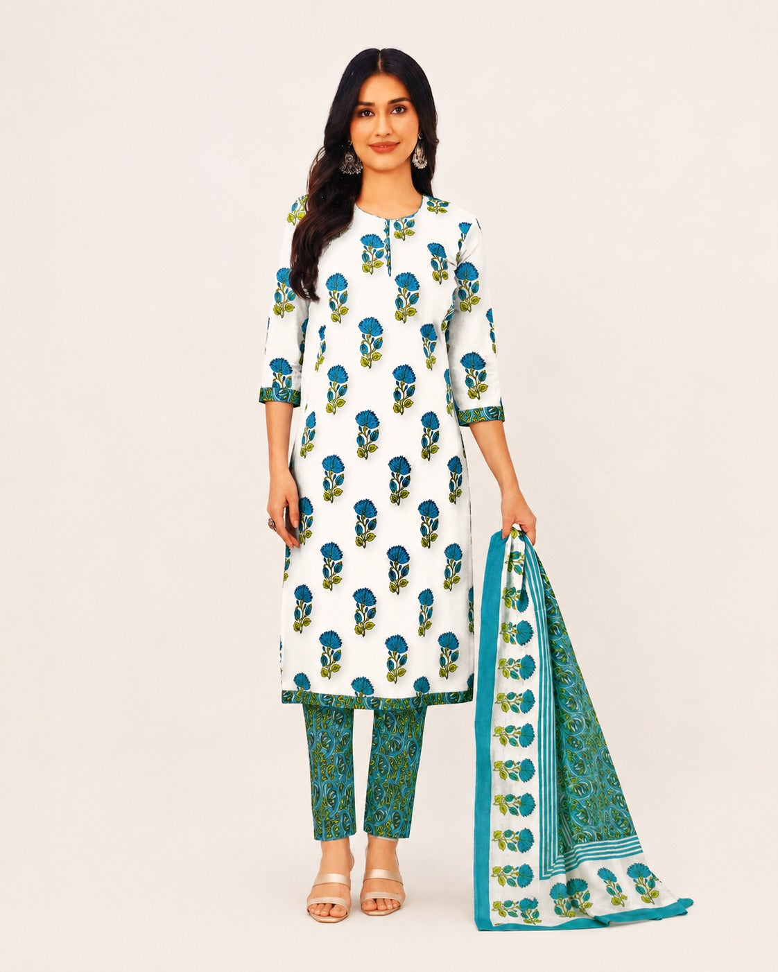 White & Teal Blue Floral Printed Kurta Pant Dupatta Set for Women | Stylish Ethnic Wear