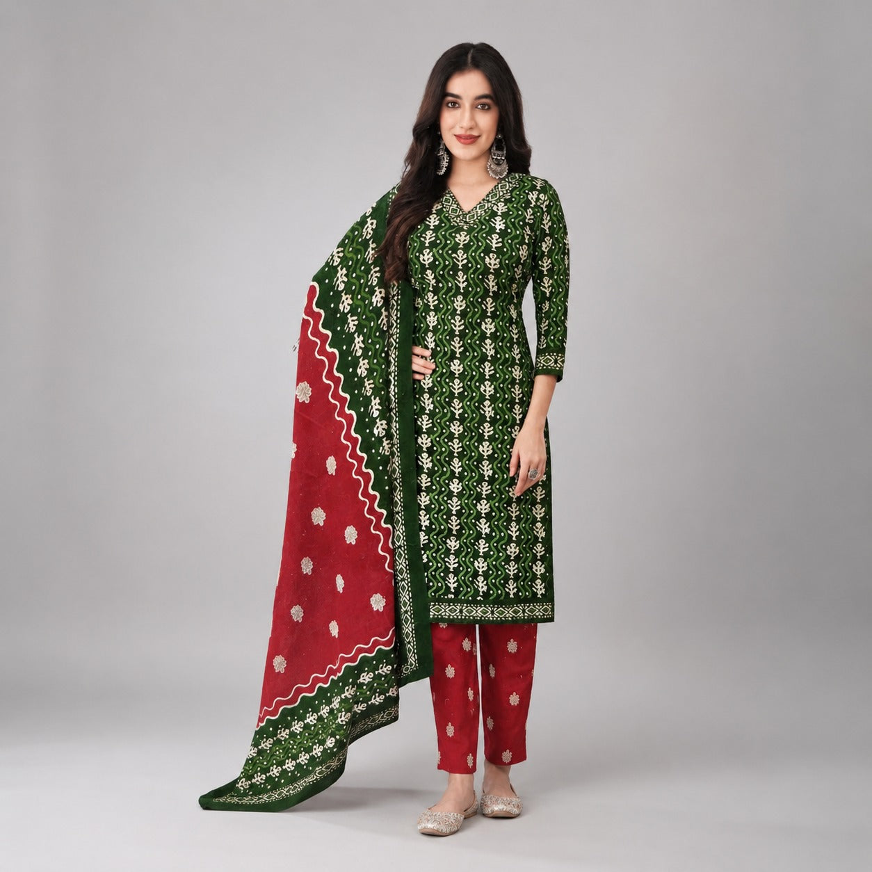 Green & Red Printed Kurta Pant Dupatta Set | Traditional Women’s Ethnic Wear