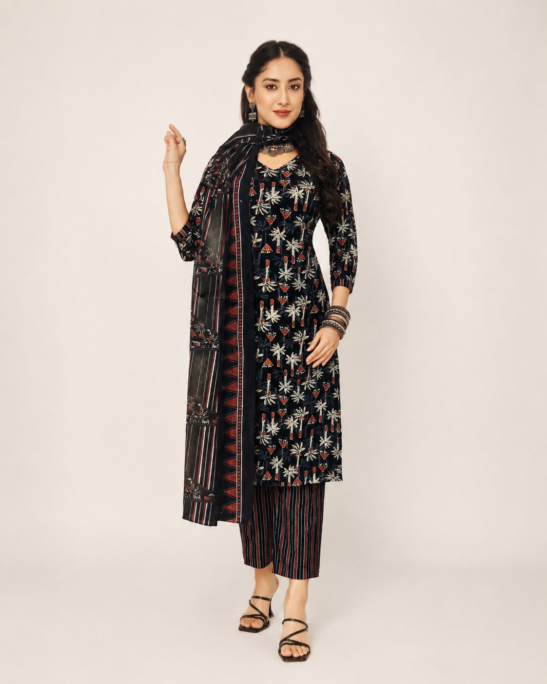 Black Printed Cotton Kurta Pant Dupatta Set for Women | Stylish Ethnic Wear