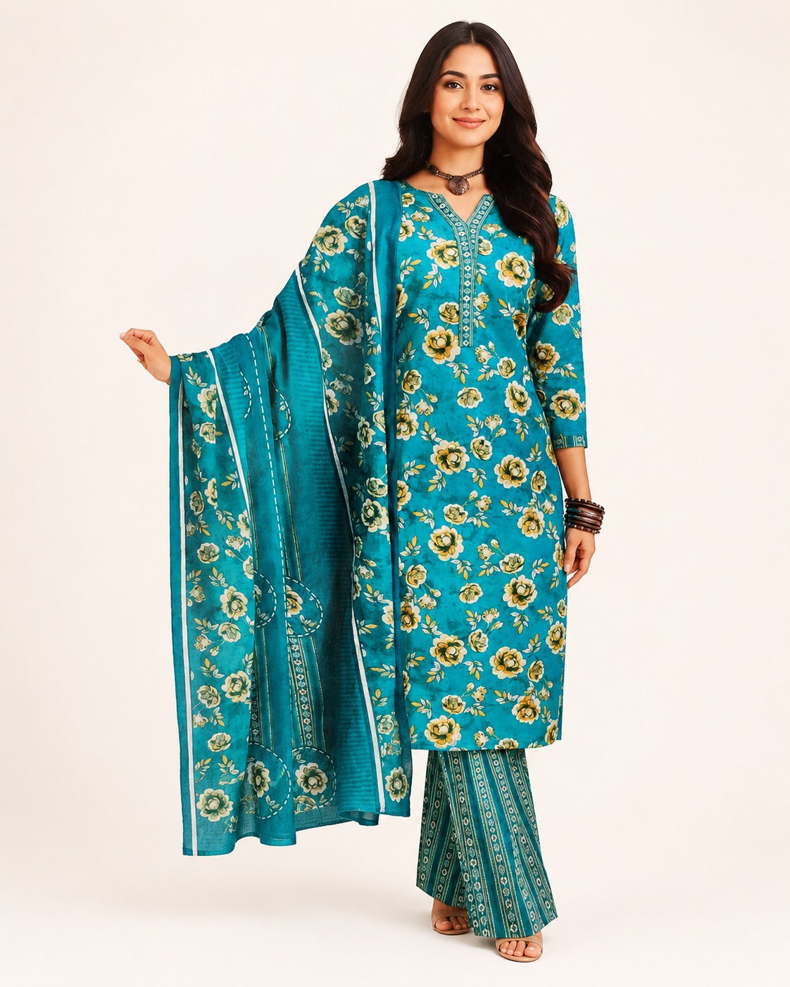 Teal Blue Floral Printed Kurta Palazzo Dupatta Set for Women | Stylish Ethnic Wear