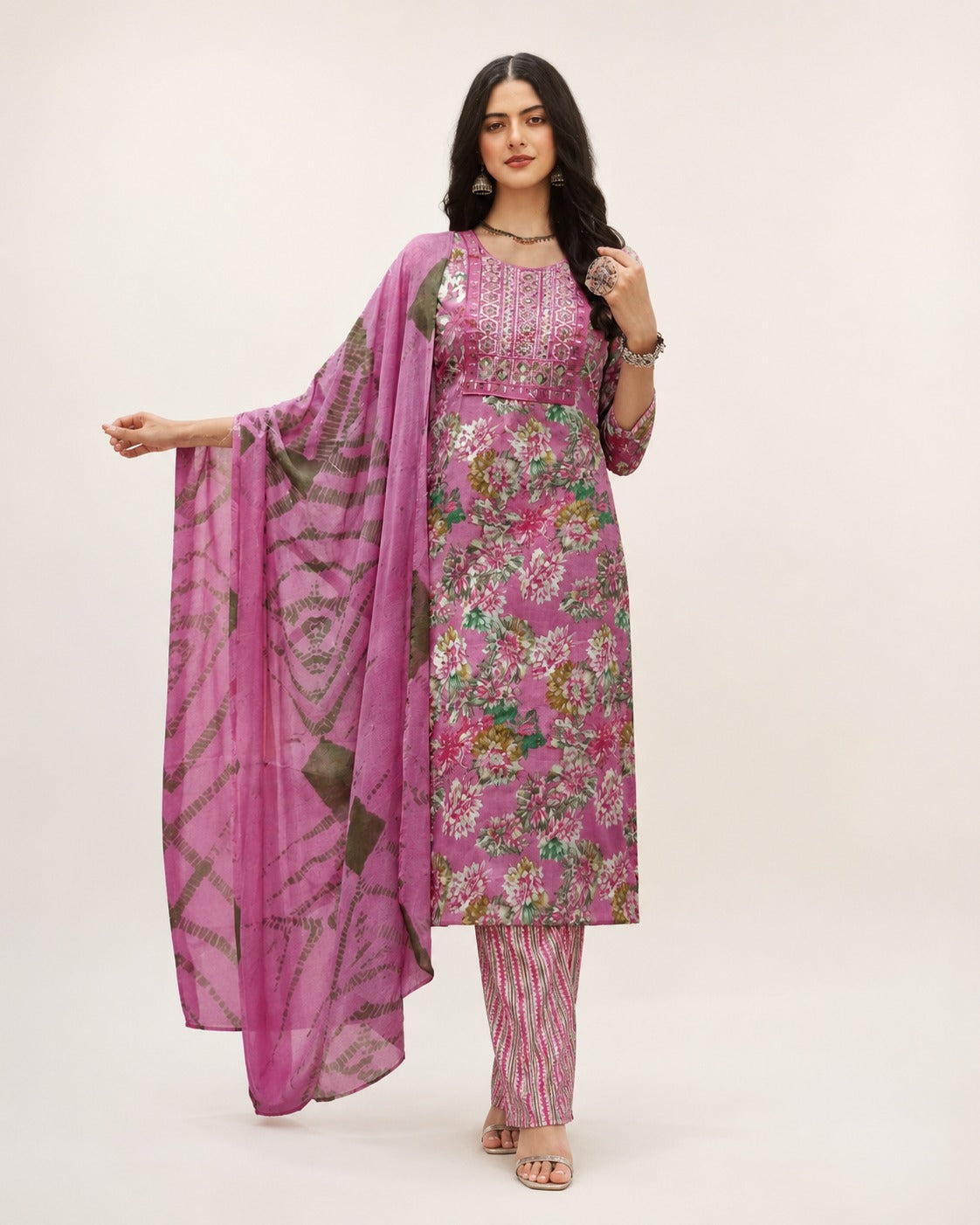 Pink Floral Printed Kurta Pant Dupatta Set for Women | Elegant Ethnic Wear