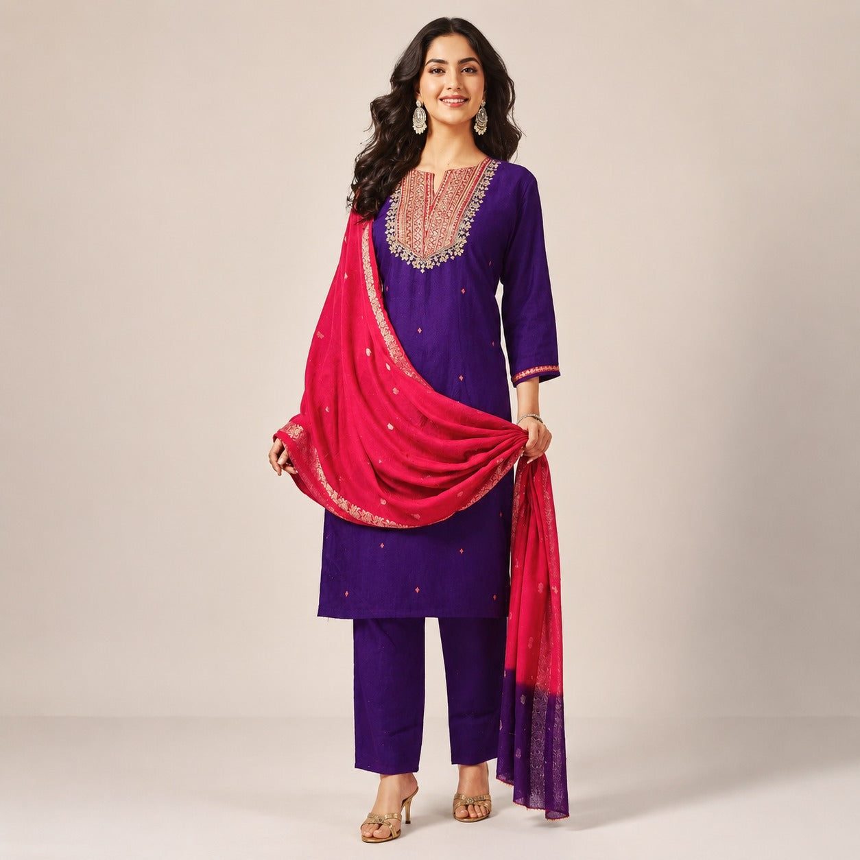 Royal Purple Embroidered Kurta Pant Dupatta Set | Women’s Festive Ethnic Wear