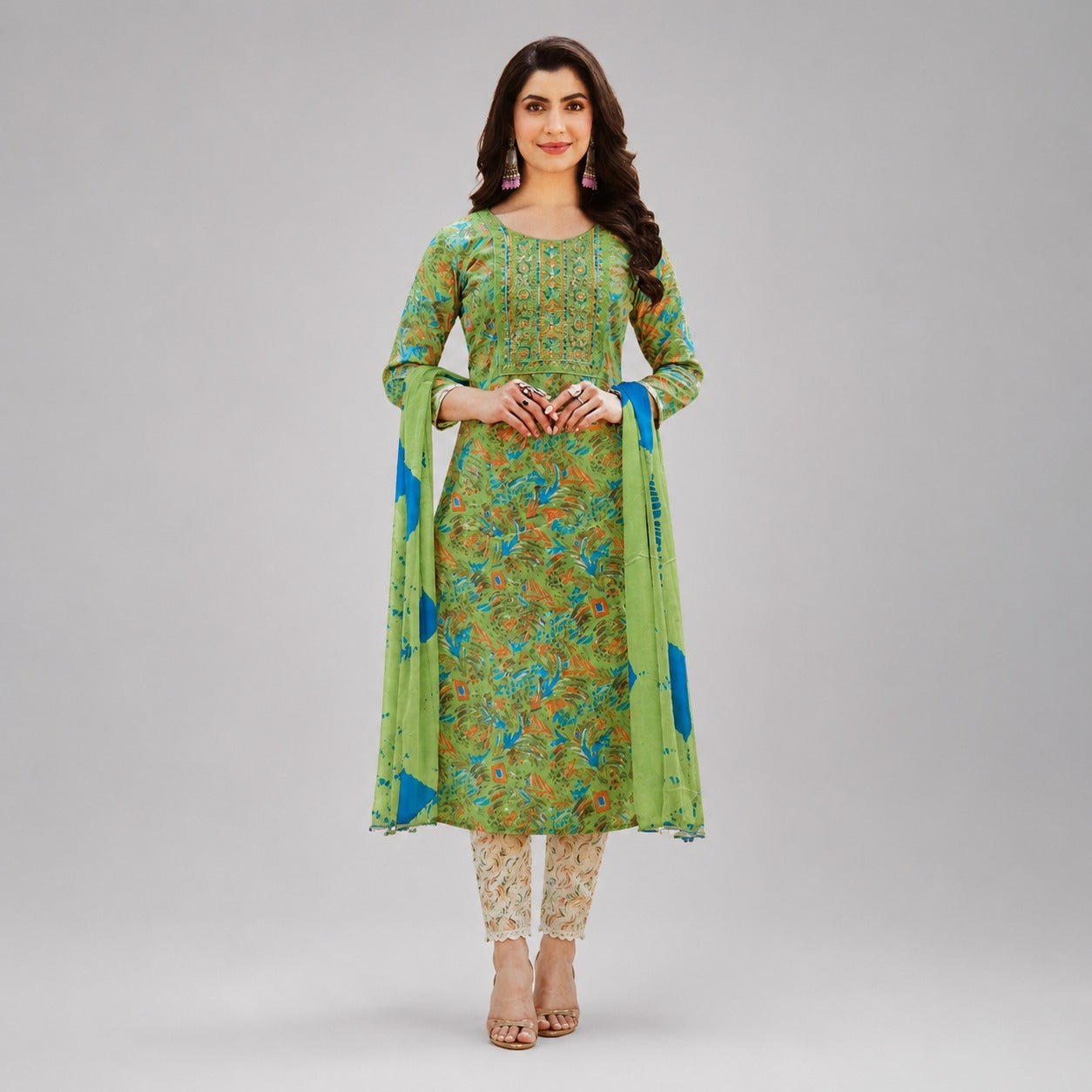 Elegant Green Printed Kurta Pant Dupatta Set | Designer Women’s Ethnic Wear