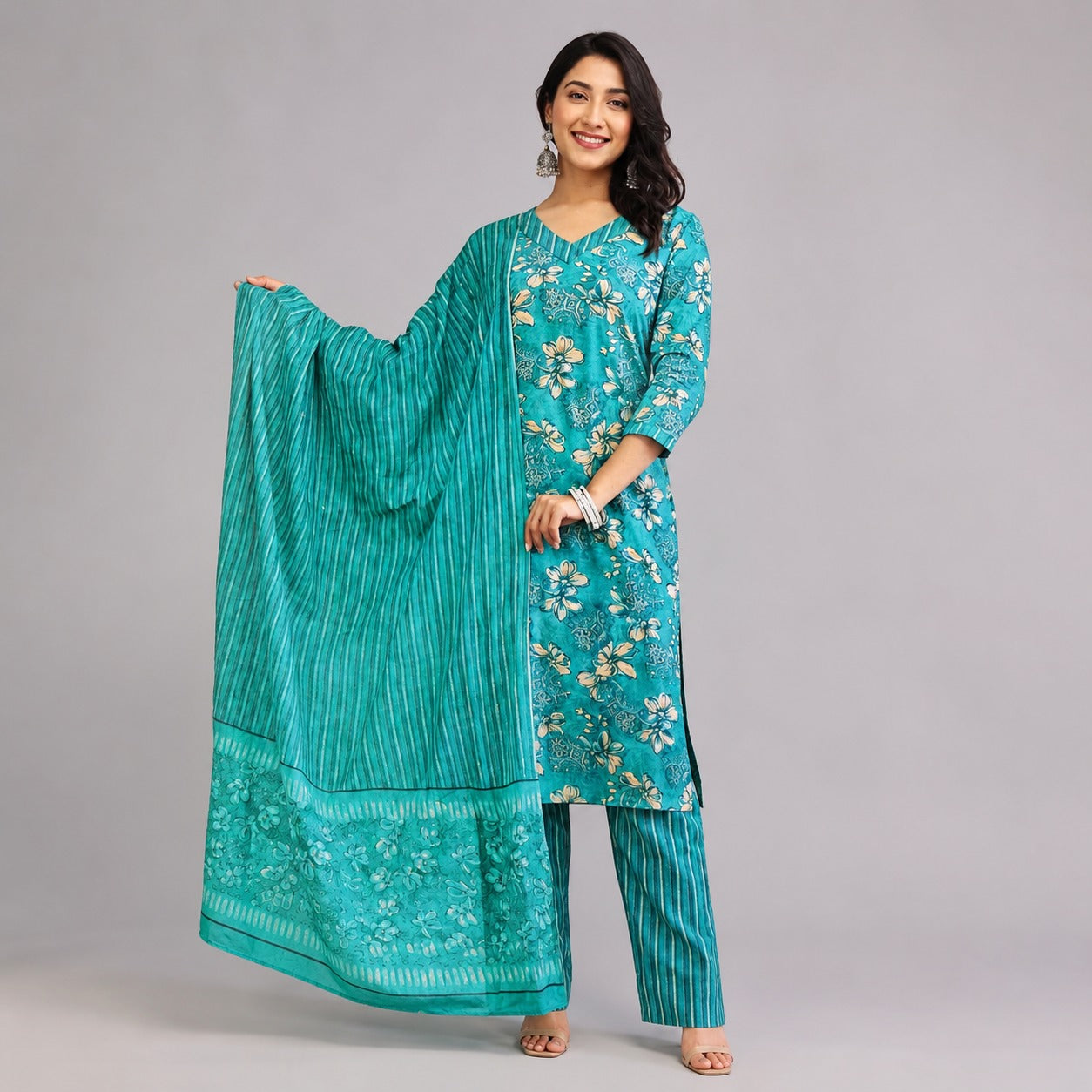 Turquoise Floral Printed Kurta Pant Dupatta Set | Stylish Women’s Ethnic Wear