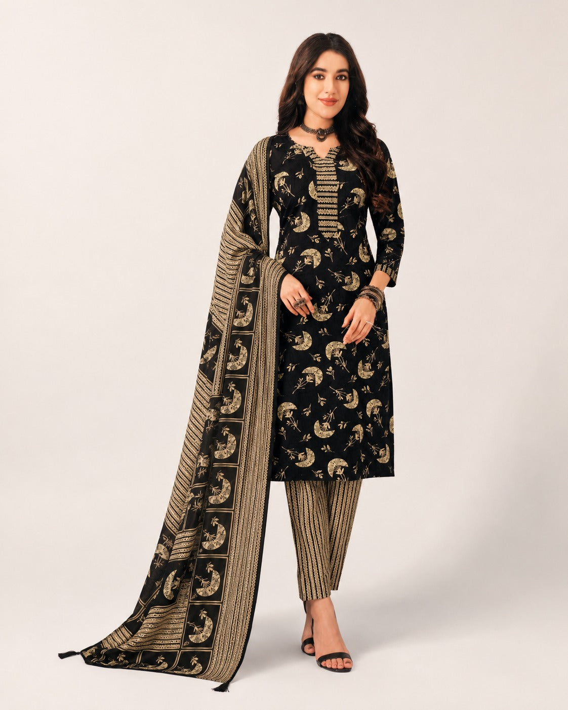 Black & Beige Printed Kurta Pant Dupatta Set for Women | Premium Ethnic Wear Collection