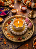 प्रीमियम पर्ल प्लेट आणि कमळ दिवा पूजा कॉम्बो | Decorative Pooja Tray & Lotus Diya Set