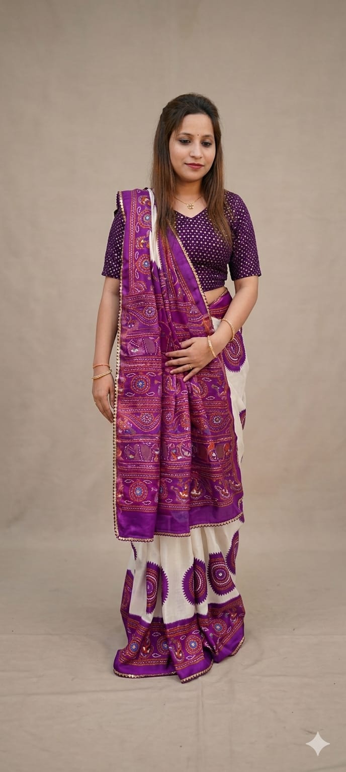Elegant Purple & White Designer Printed Saree with Traditional Border