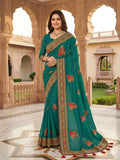 Elegant Teal Green Designer Embroidered Saree with Floral Border & Tassel Pallu