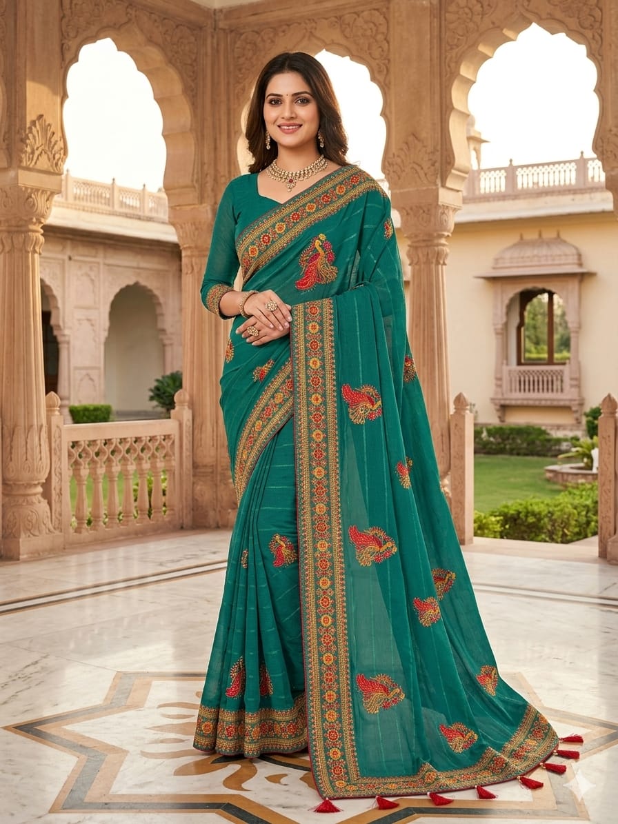 Elegant Teal Green Designer Embroidered Saree with Floral Border & Tassel Pallu
