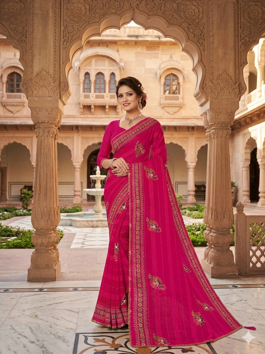 Elegant Rani Pink Designer Embroidered Saree with Zari Border & Tassel Pallu