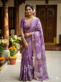 Lavender Purple Floral Linen Saree with Silver Zari Border