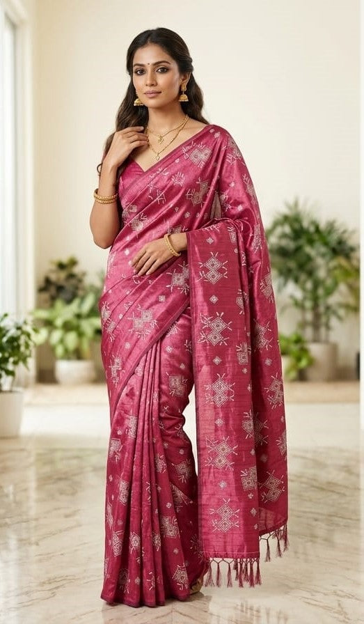 Elegant Rose Pink Designer Woven Saree with Silver Zari Motifs & Tassel Pallu