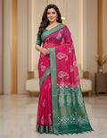 Elegant Rani Pink & Teal Green Designer Linen Saree with Floral Woven Motifs