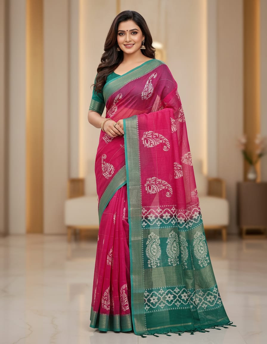 Elegant Rani Pink & Teal Green Designer Linen Saree with Floral Woven Motifs