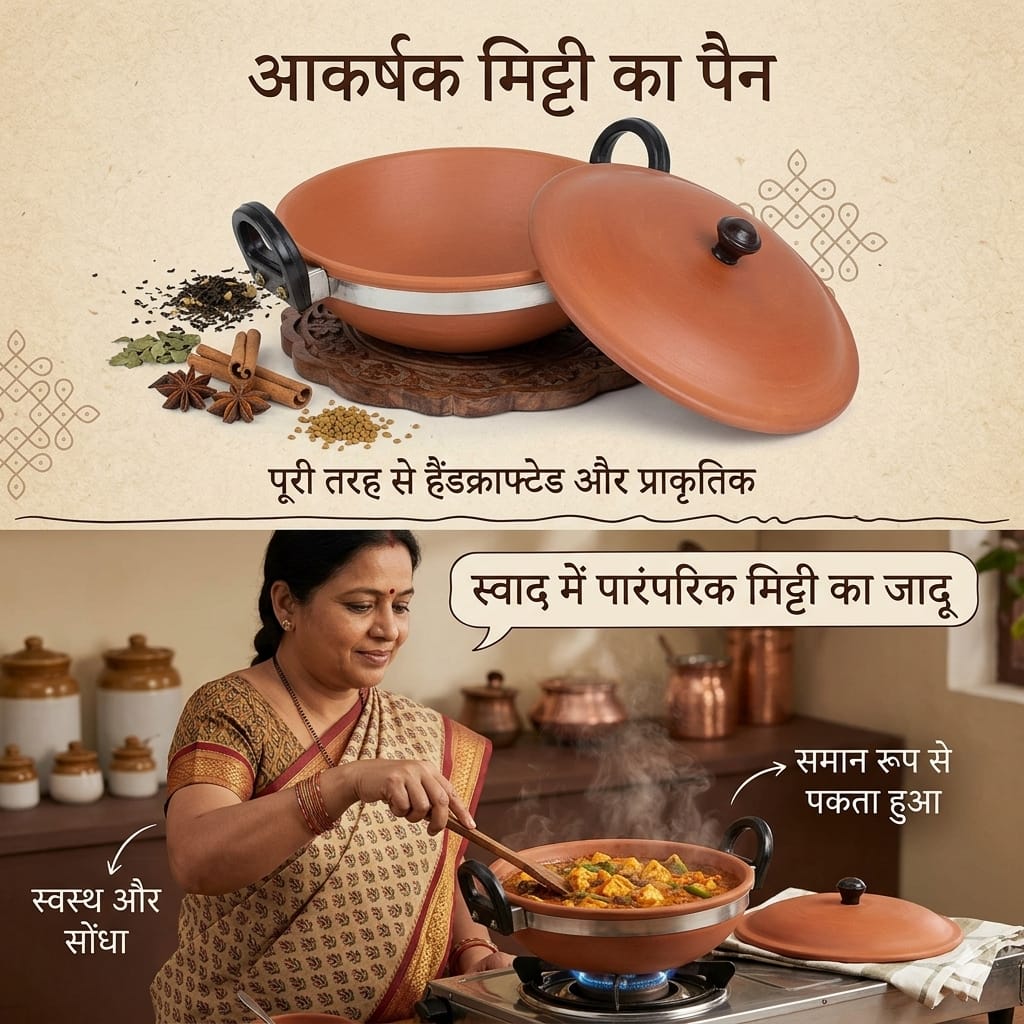 Terracotta Pan (Clay Kadhai) with Lid – Natural Clay Cookware for Healthy Cooking