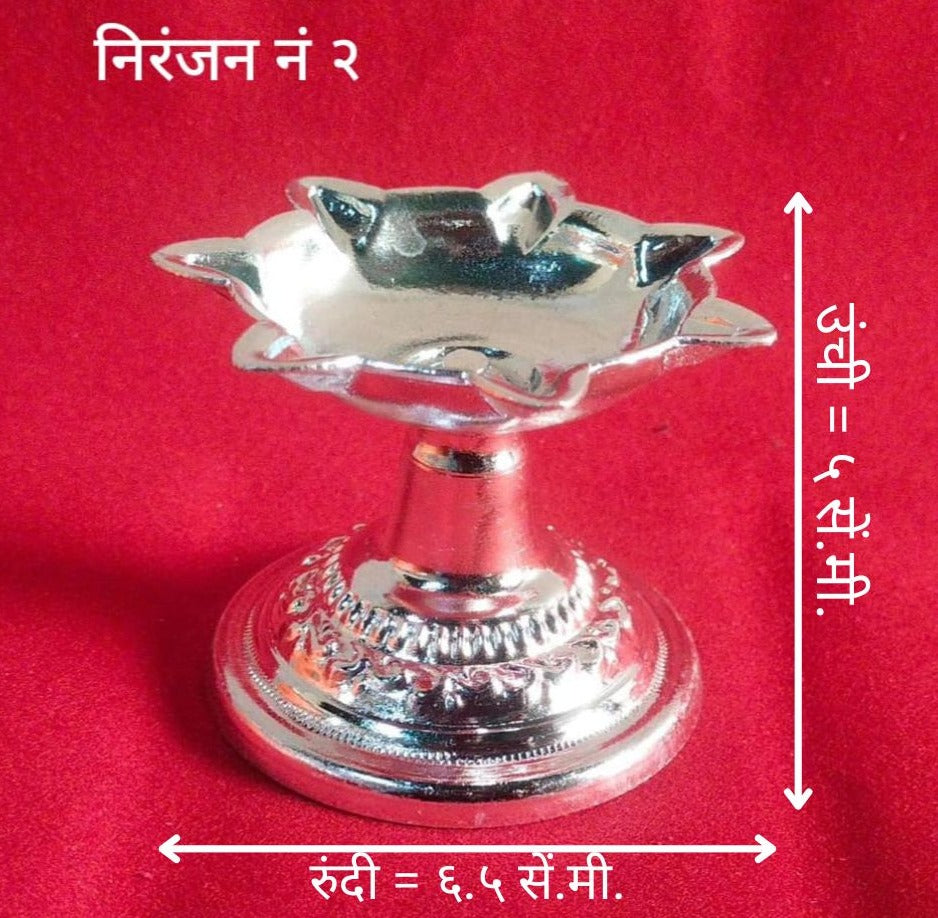 2 No. Niranjan | White Metal 5 Jyot Standing Diya | Silver Finish Samai Oil Lamp