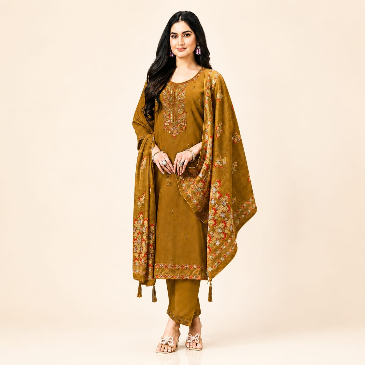 Premium Mustard Embroidered Kurta Pant Dupatta Set | Elegant Women’s Ethnic Wear