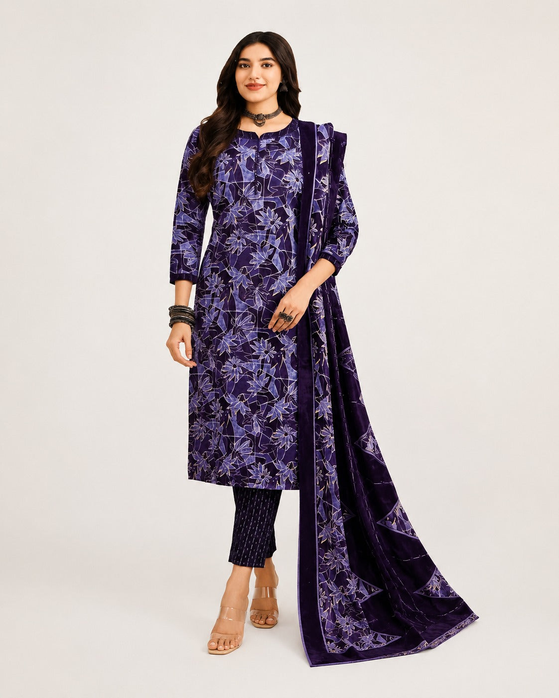 Purple Floral Printed Kurta Pant Dupatta Set for Women | Elegant Ethnic Wear