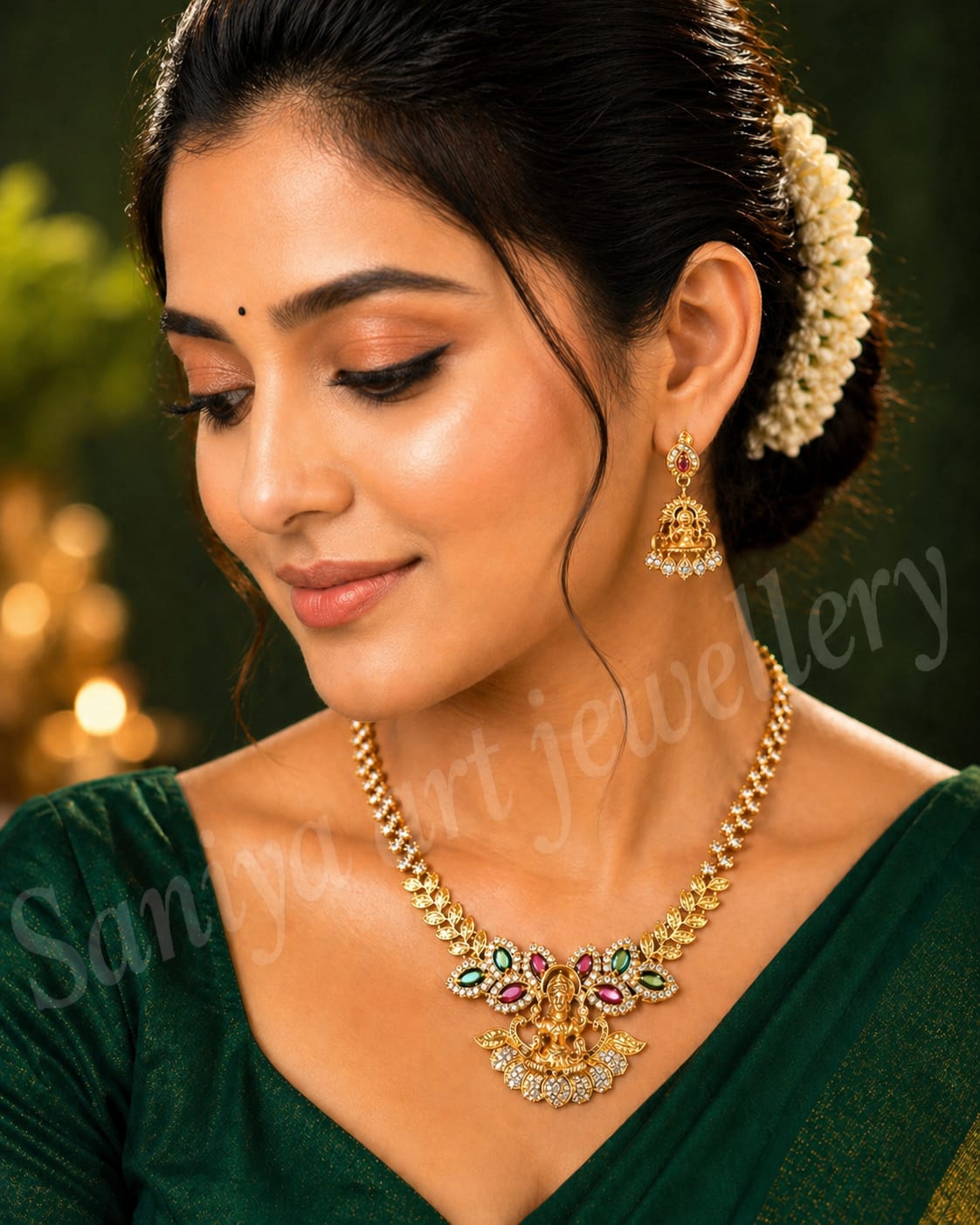 Elegant Temple Jewellery Necklace Set – Gold-Plated Lakshmi Pendant with Multi-Color Stones | Traditional Bridal & Festive Wear